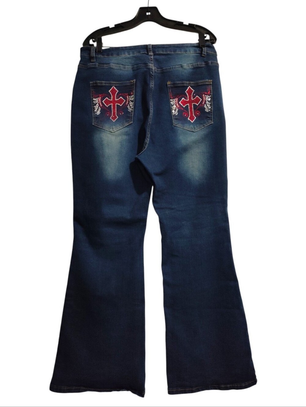 Grunge Punk Women's Flared Jeans With Rhinestone Cross Design Embellished 2X